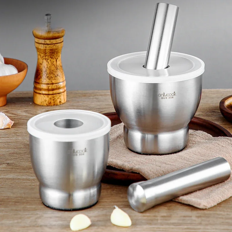 304 Stainless Steel Garlic Pounder Stone Mortar Garlic Mortar Mashing Jar Household Kitchen Mashing Medicine Mortar