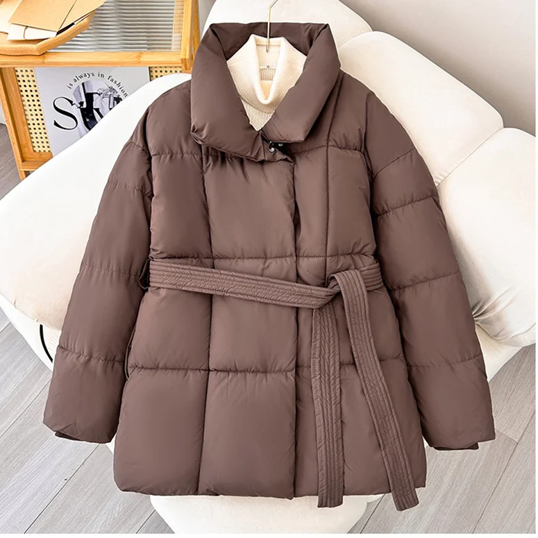 Advanced with Waist Cinching Tie Up Black Cotton Jacket Women's 2026 Winter New Korean Version Stand Collar Coat Female Parkas