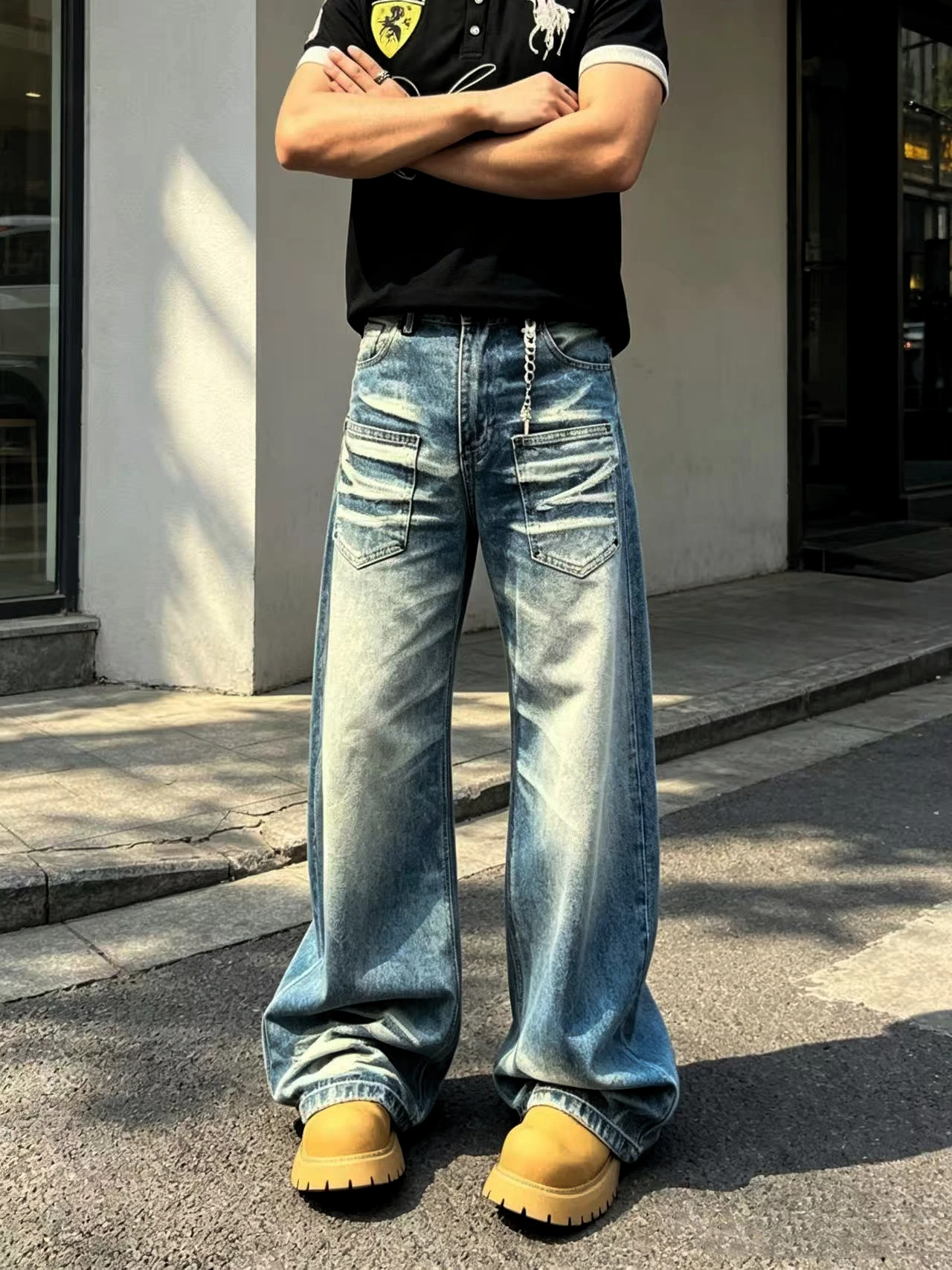 Men's Multi-pocket Design Blue Jeans Casual Pants Wide Legs Street Sweatpants Cool Boys Spring Bottom Male High Waist Trousers