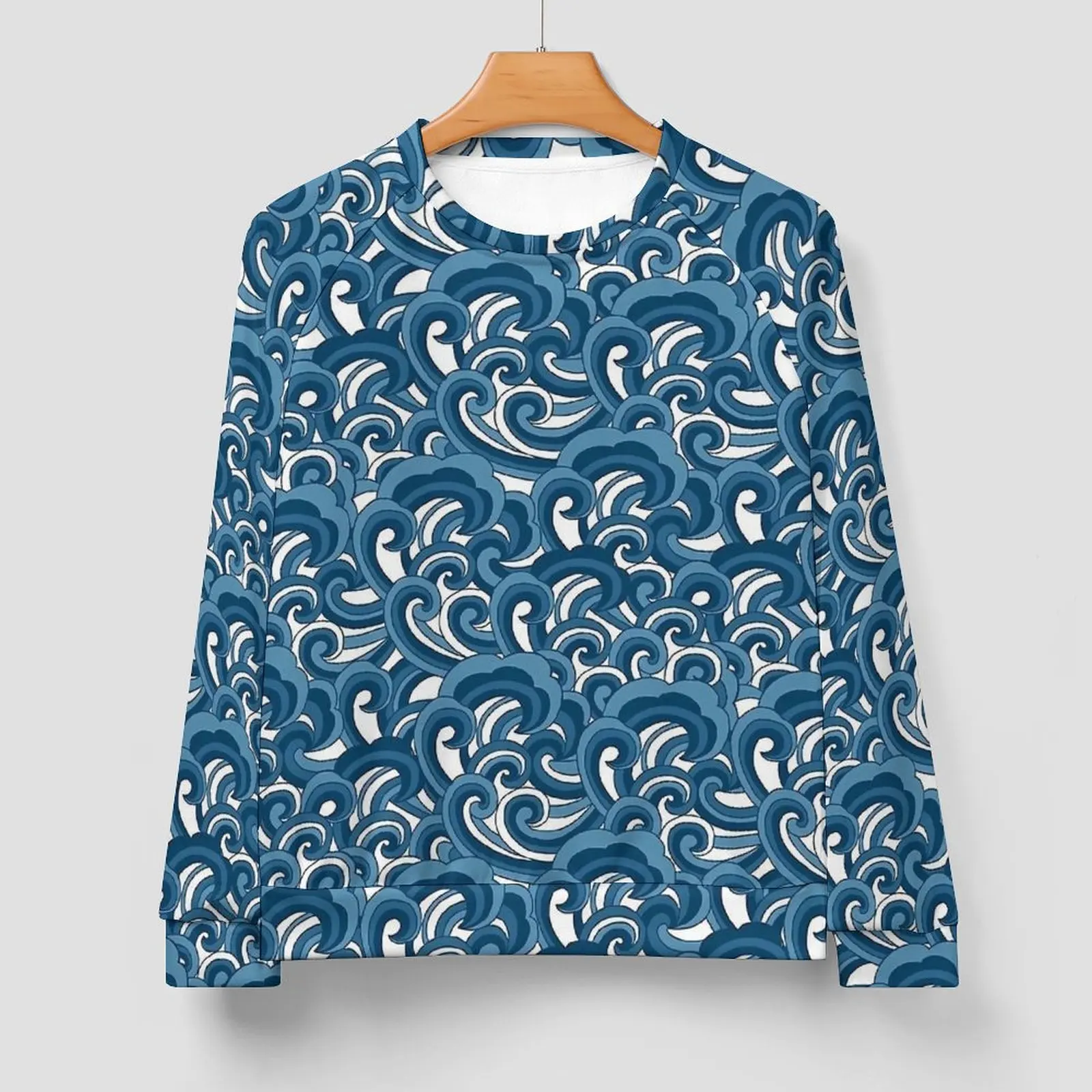 Stylised Blue Wave Print Casual Sweatshirts  Aesthetic O Neck Hoodies Autumn Long Sleeve Outerwear Oversize Hoodie Gift Idea