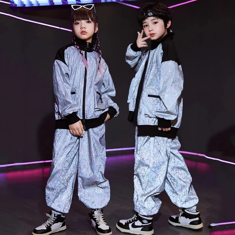 2024 Hip Hop Dance Costumes For Kids Illusionary Reflective Set Boys Girls Jazz Modern Dance Performance Stage Clothes DQS15291