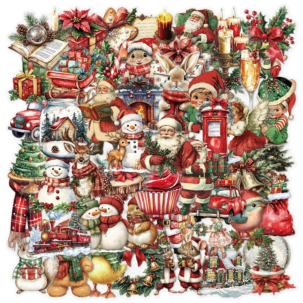 สติกเกอร์ลายการ์ตูนซานตาคลอสคริสต์มาสสไตล์วินเทจ 10/30/50 ชิ้น สติกเกอร์ใสลายเรโทรสำหรับตกแต่งสมุดภาพ โทรศัพท์ และกระเป๋าเดินทาง