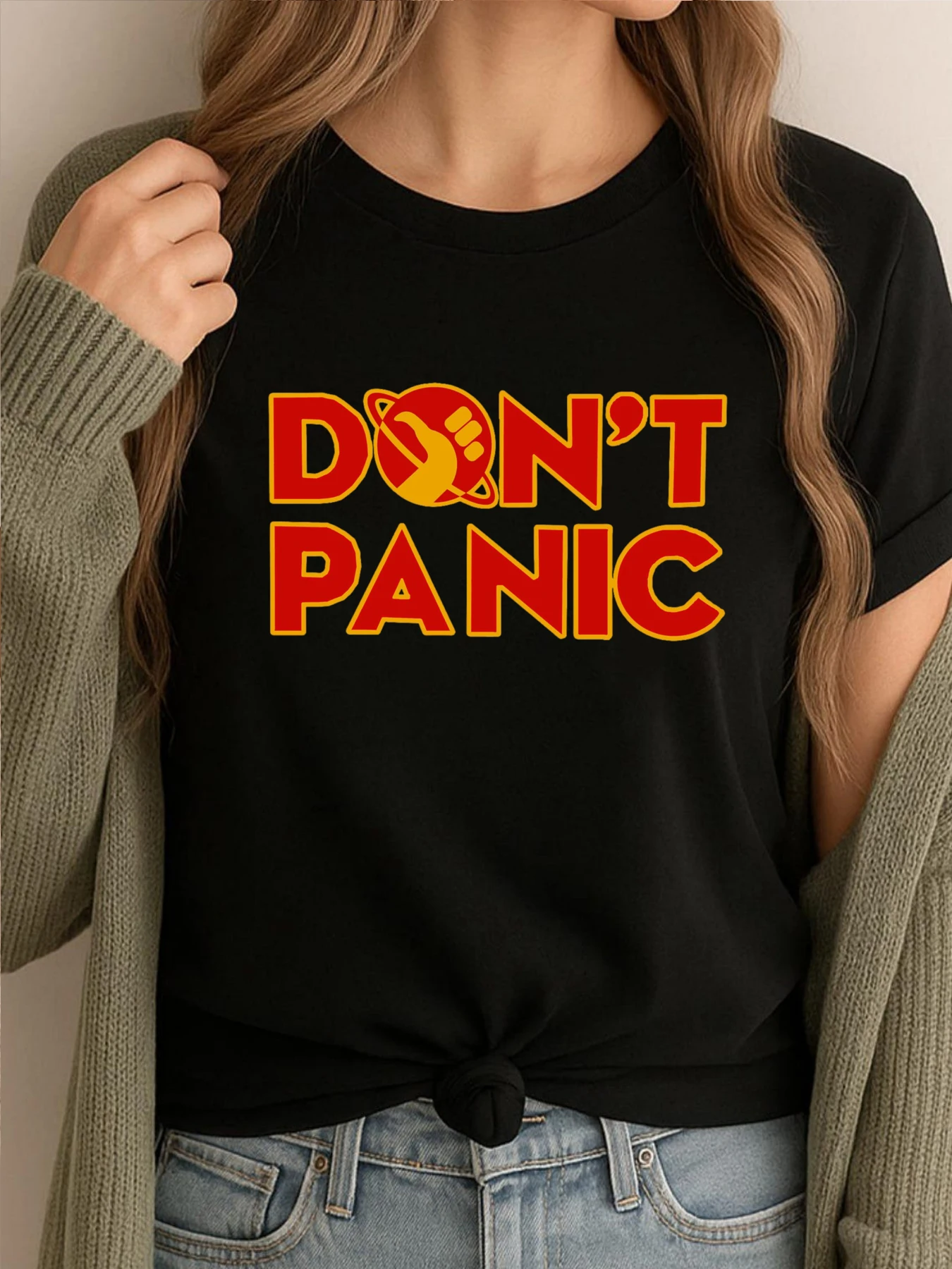 لا داعي للذعر The Hitchhiker Is Guide To The Galaxy مضحك تي شيرت الكبار الربيع المطبوع تي شيرت أسلوب بسيط