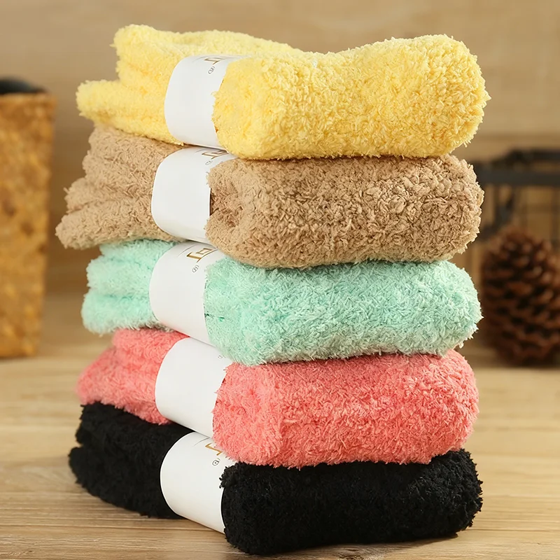 

5Pairs Winter Fleece Socks Korean Candy Color Dopamine Casual Sweet Versatile Winter Plush Thick Warm Floor Socks for Girls