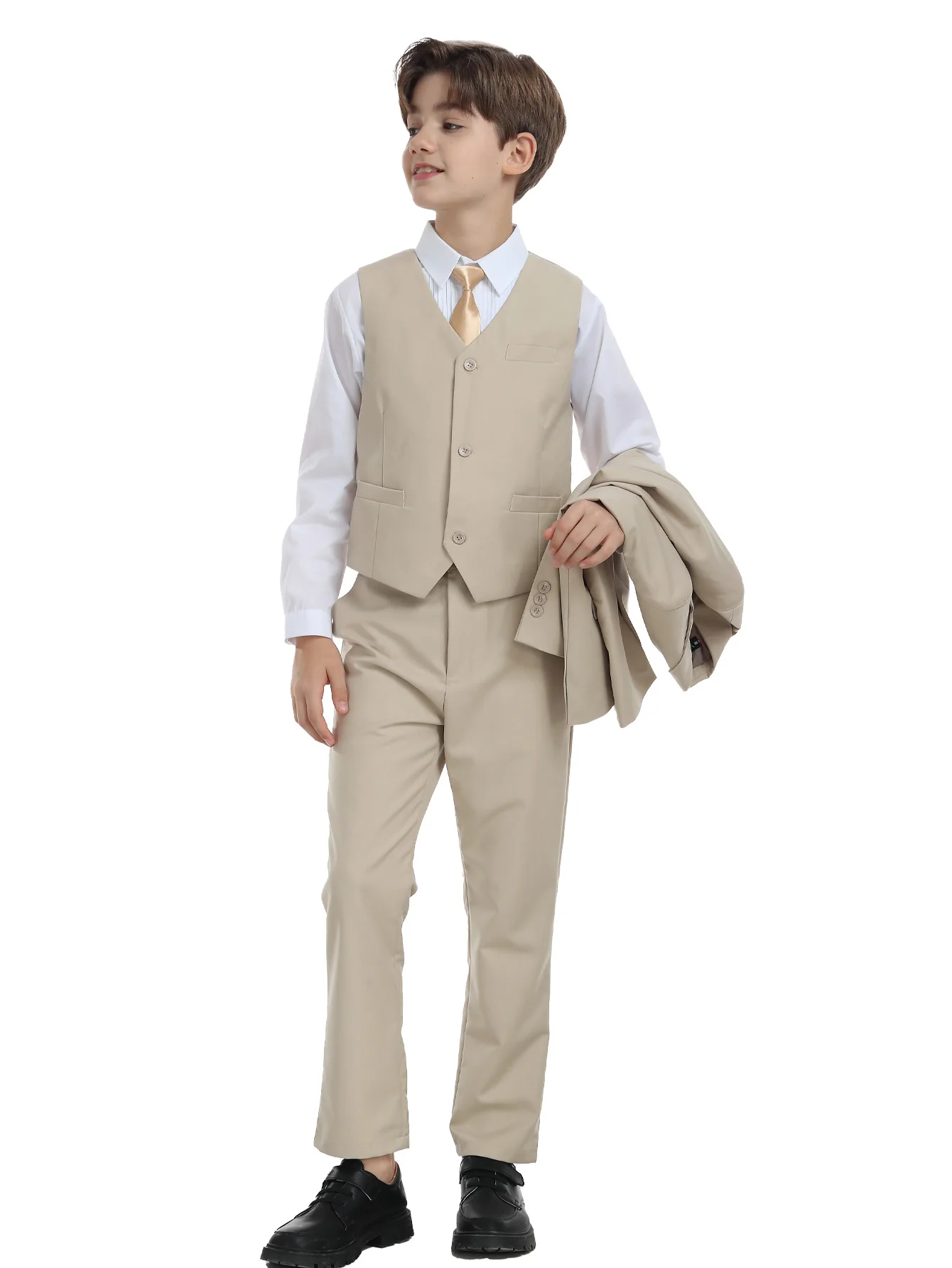 Jungenanzug, 5-teilig, Jacke, Weste, Hose, Hemd, Krawatte, zufällige Farbe, für Hochzeit, Geburtstag, Party, Geschenk, Auftrittsuniform, Schuluniformen, Größe 4–16 Jahre – Detail 5