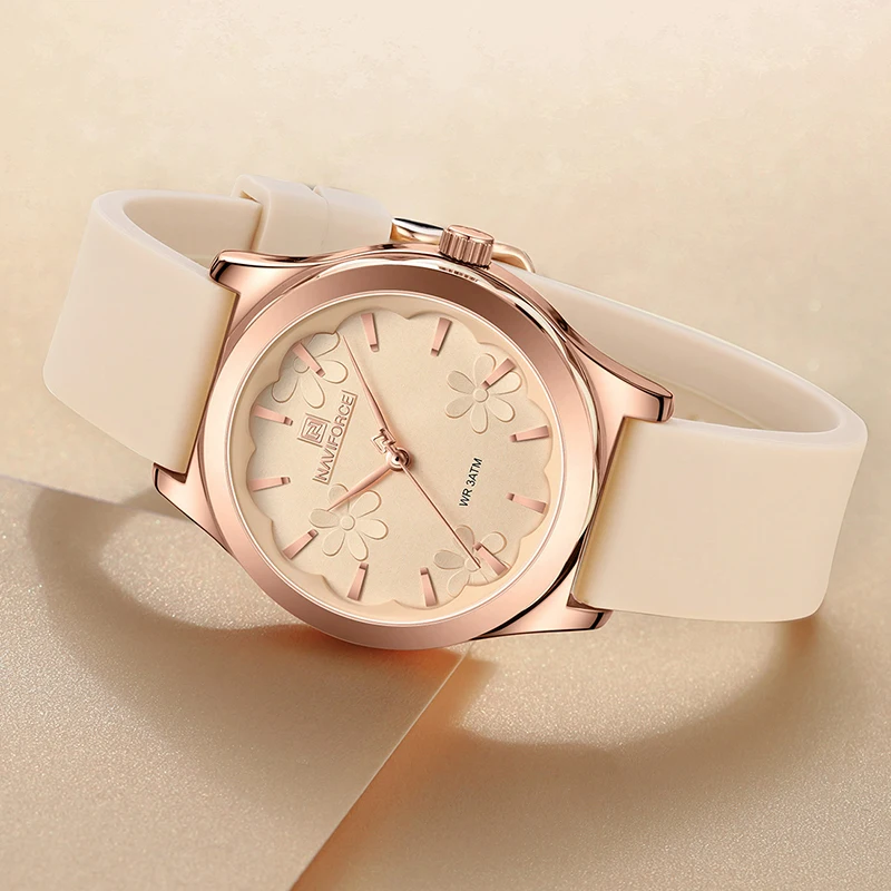 NAVIFORCE Fashionable Brand Waterproof Quartz Wristwatch for Women Soft Silicon Strap Ladies Watch with Elegant Flower Dial 5051