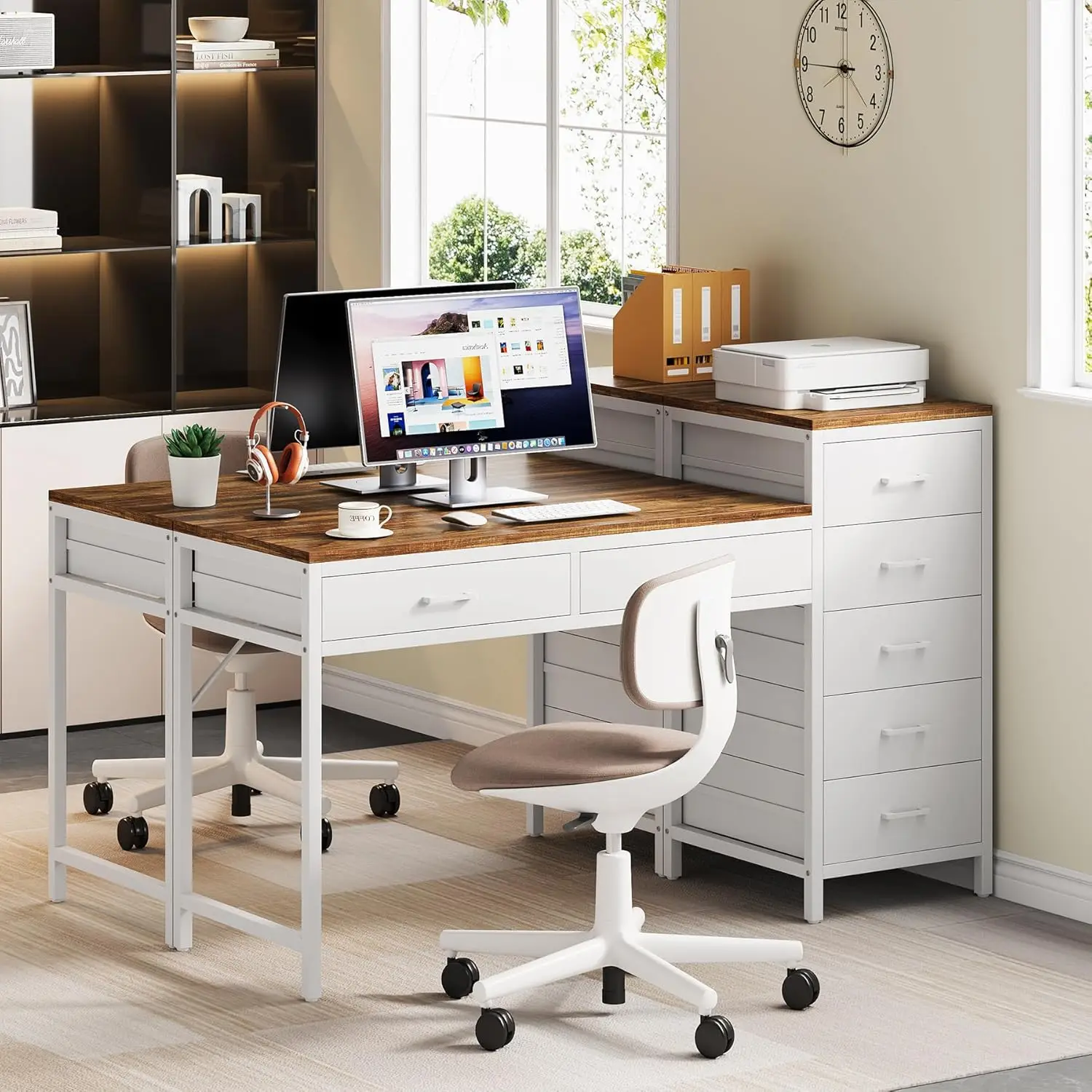 Computer Desk With Reversible Drawer, 55 H Home Office Desks With 7 Drawers, Modern Compact Study Writing Table Workstation