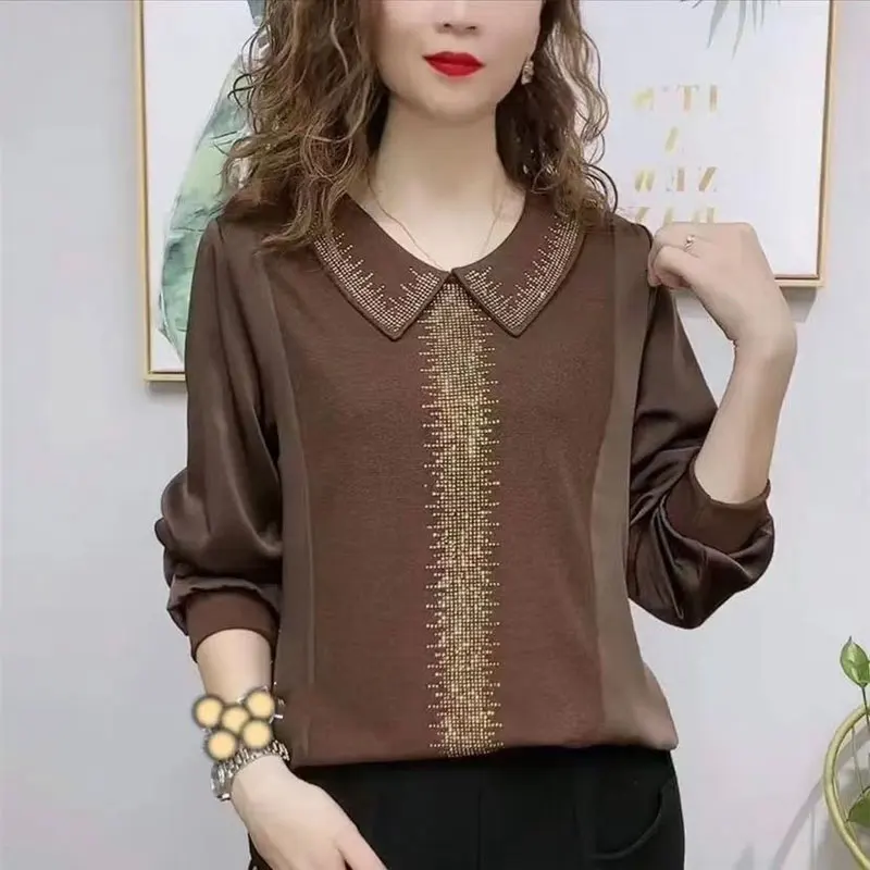 Female Clothing Vintage Casual Spliced Blouse Solid Color Fashion Diamonds Long Sleeve Spring Autumn Peter Pan Collar Shirt New