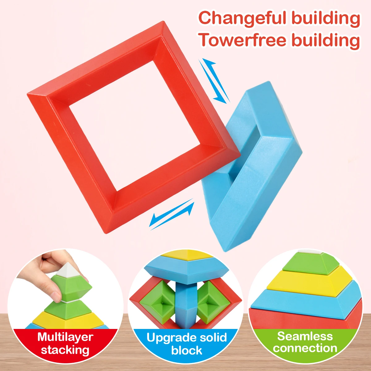 مجموعة مكعبات التراص الهرمية الملونة - ألعاب ألغاز حسية جذعية تعليمية للأطفال لمرحلة ما قبل المدرسة، مكعبات بناء كبيرة تتسع لـ 3+