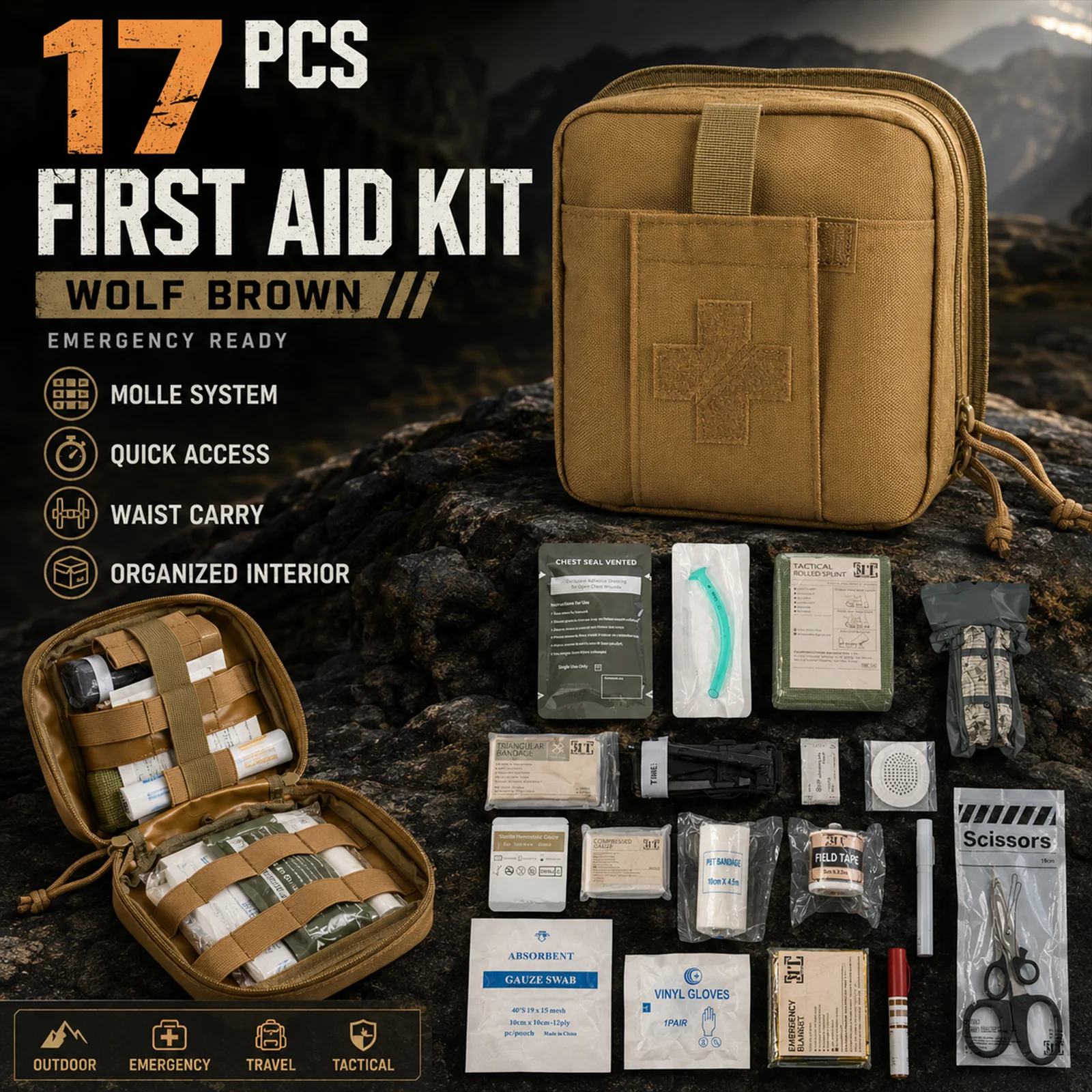 trousse-de-premiers-secours-tactique-17-pieces-marron-avec-tourniquet-compresses-thoraciques-gaze-attelle-et-couverture-thermique