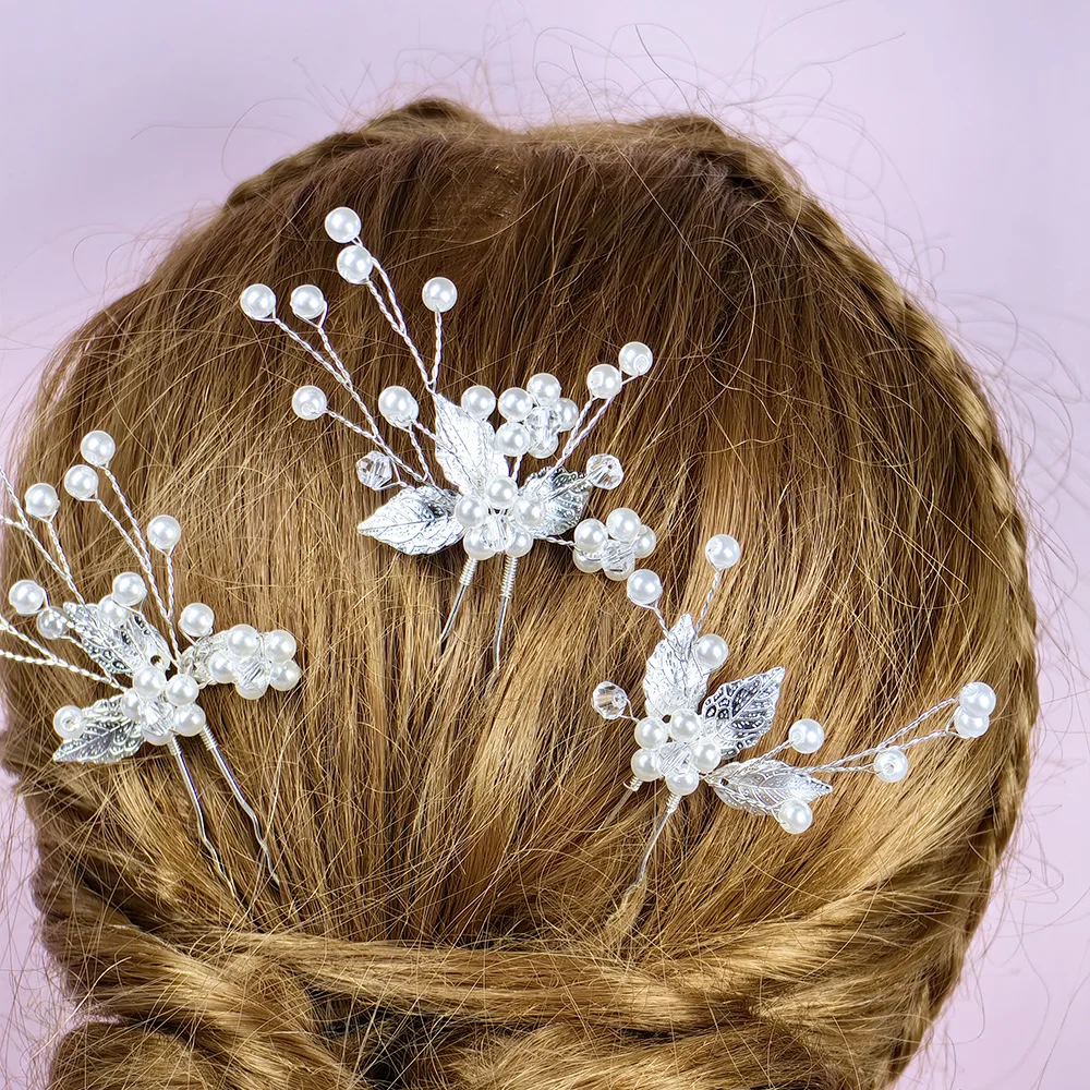 Flower Bridal Wedding Hairpin Silver Leaf Bridal Hair Ornament Rhinestone Hair Ornament for Women & Girls (Set of 3)