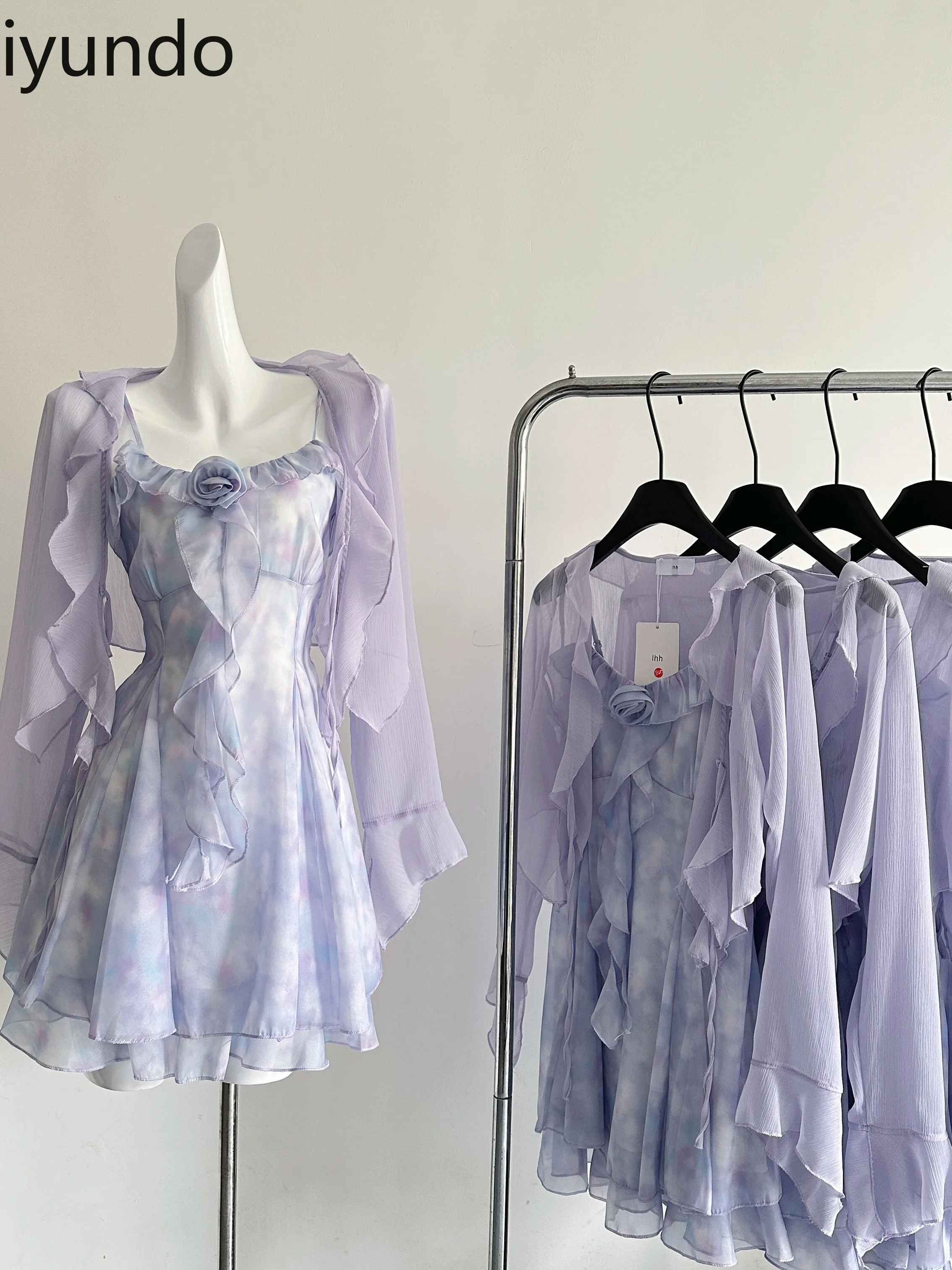 

Purple Floral Suspender Dress Cardigan Suit Female 2025 Summer New Atmosphere Two-piece Suit Beach Outfits for Women