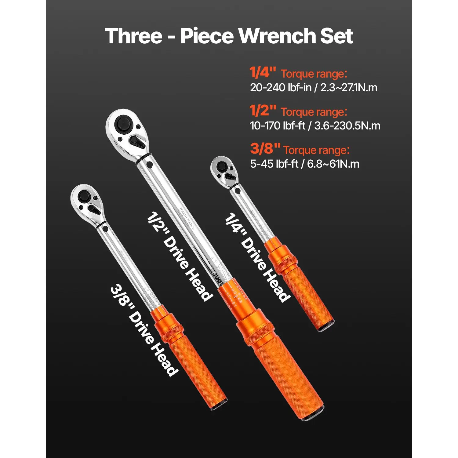 Click Torque Wrench Set, 3 Pieces, 1/4, 3/8, 1/2 Inch Drive, 10-170 lbf-ft, 5-45 -, 20-240 -in, Dual-direction and Range Scales