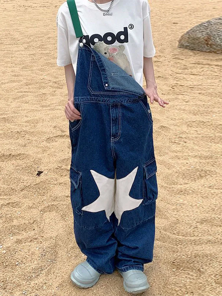 HOUZHOU Vintage Cargo Denim Pants Women Overalls Oversized Star Girl Y2k Harajuku Fashion Retro Kawaii Denim Jumpsuit Streetwear