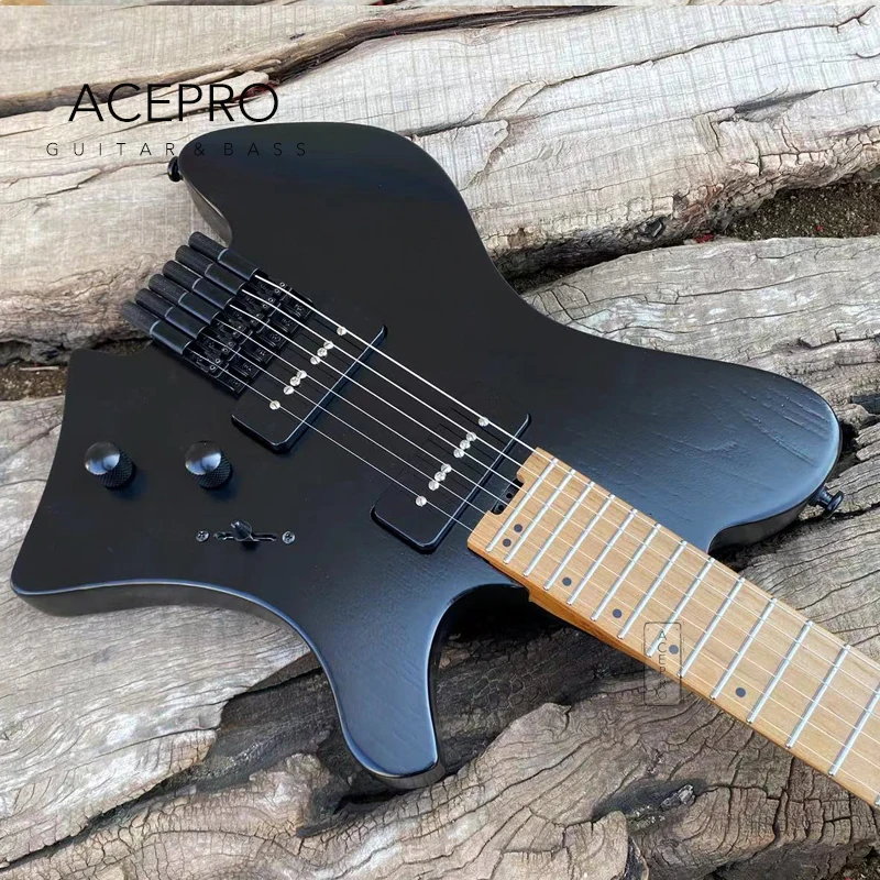 Acepro Headless Electric Guitar, P90 Pickups, Black Ash Body, Roasted Maple Neck, Stainless Steel Frets, Quality Guitarra