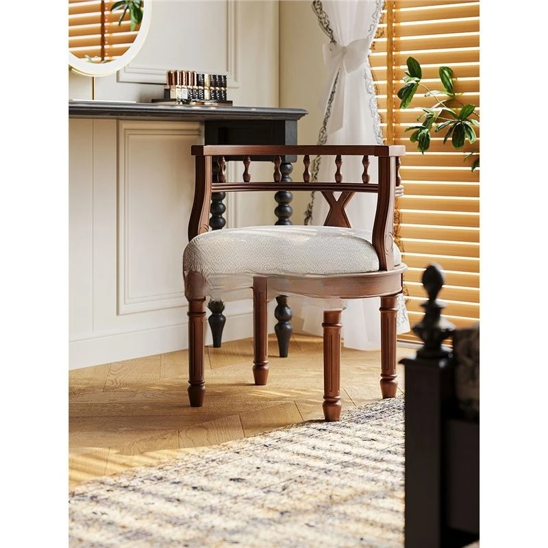 

French dressing stool old money style antique fabric small American backrest soft bag retro makeup stool