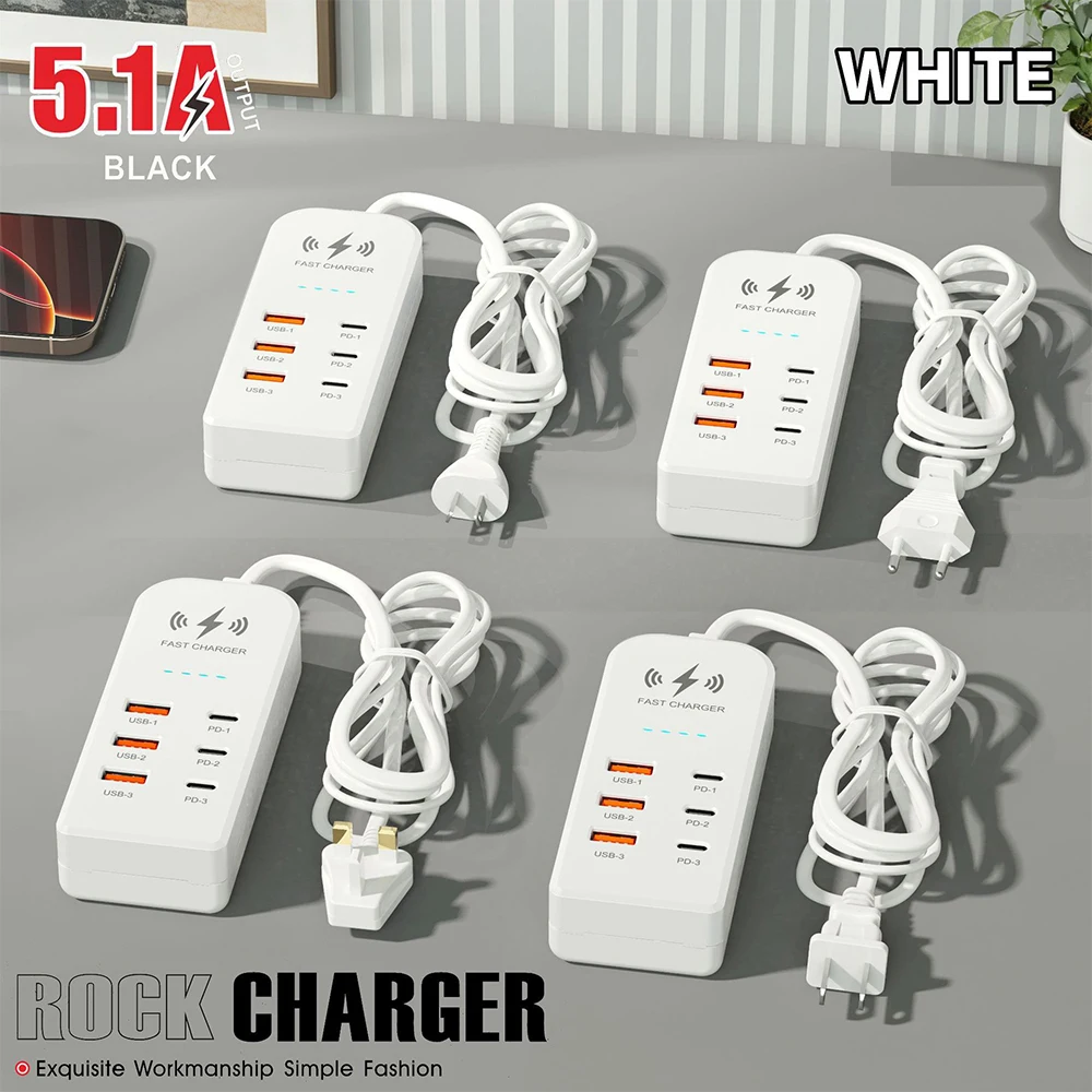 6 in 1 USB Type C Charger Multi Ports Power Strip Socket Fast Charging Travel Charger For iPhone Samsung EU/US Plug Charger