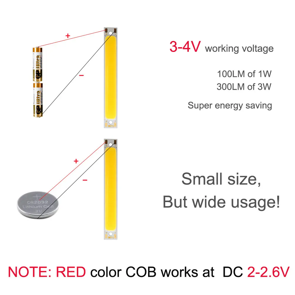 10pcs 60x8mm 2V 3V LED COB Light 3.7V Chip On Board Light Bar Warm Cold White Blue Red Color 1W 3W LED Lighting Work Lamp DIY