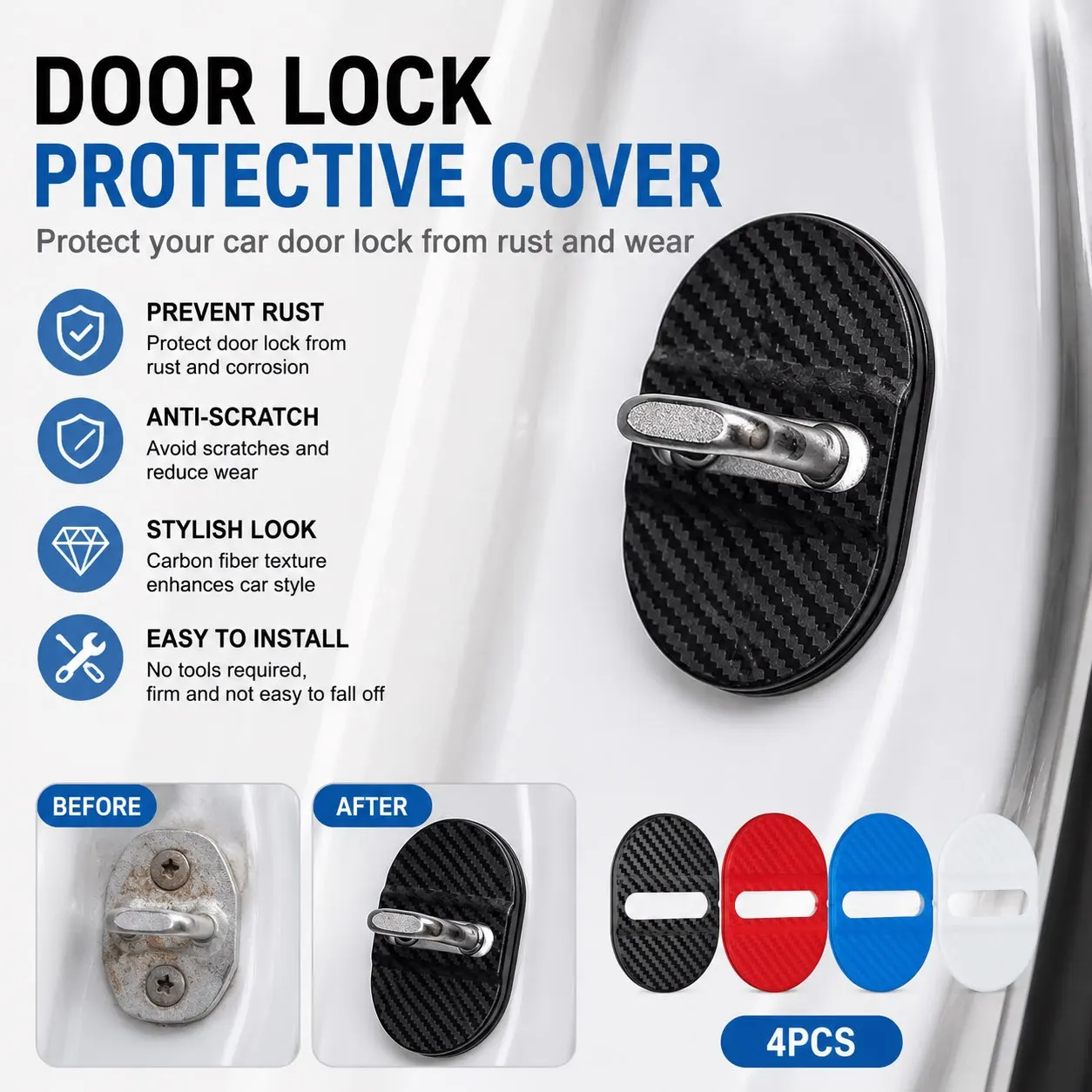 4-piece Carbon Fiber Exterior Door Lock Cover Shock Noise Reducing Waterproof and Easy to Install Car Door Lock Anti Rust Sleeve