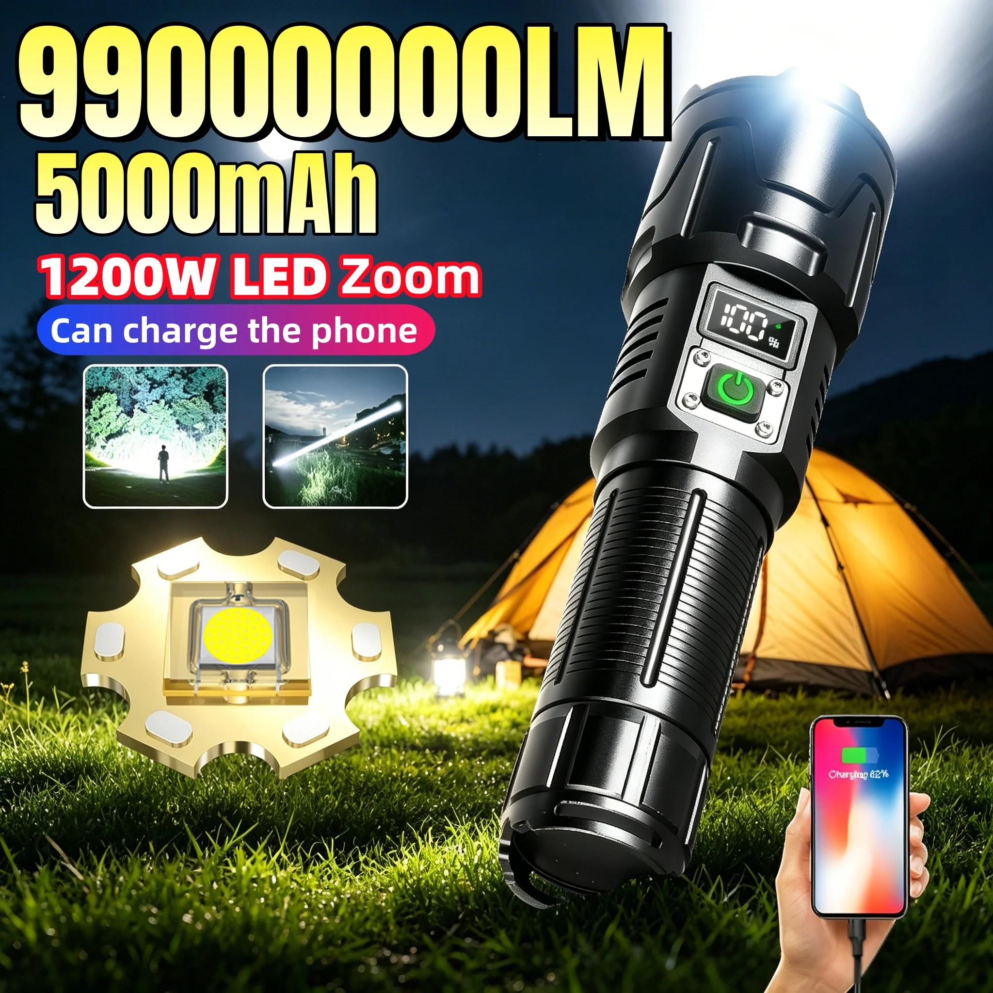 Image of 990000000LM Leistungsstärkste LED-Taschenlampe, superhell, 5000 mAh, wiederaufladbar, Typ C, taktische Taschenlampe mit Zoom für Angeln und Jagd