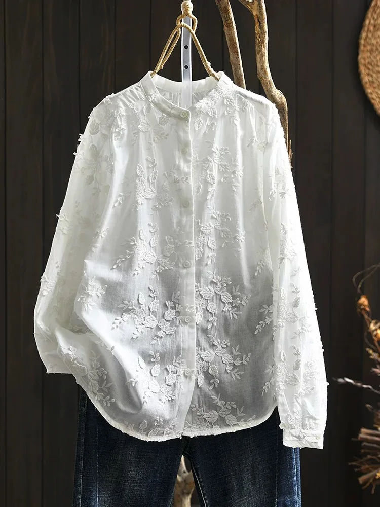 

Pure Cotton White Embroidered Loose Long Sve irt Women's Sweet Versatile Slimming irt Commute Sle Artistic Flattering