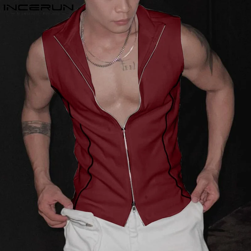 

INCERUN Tops 2025 Korean Style Fashion Men Splicing Line Deconstruction Design Zipper Vests Summer Streetwear Hot Sale Tank Tops