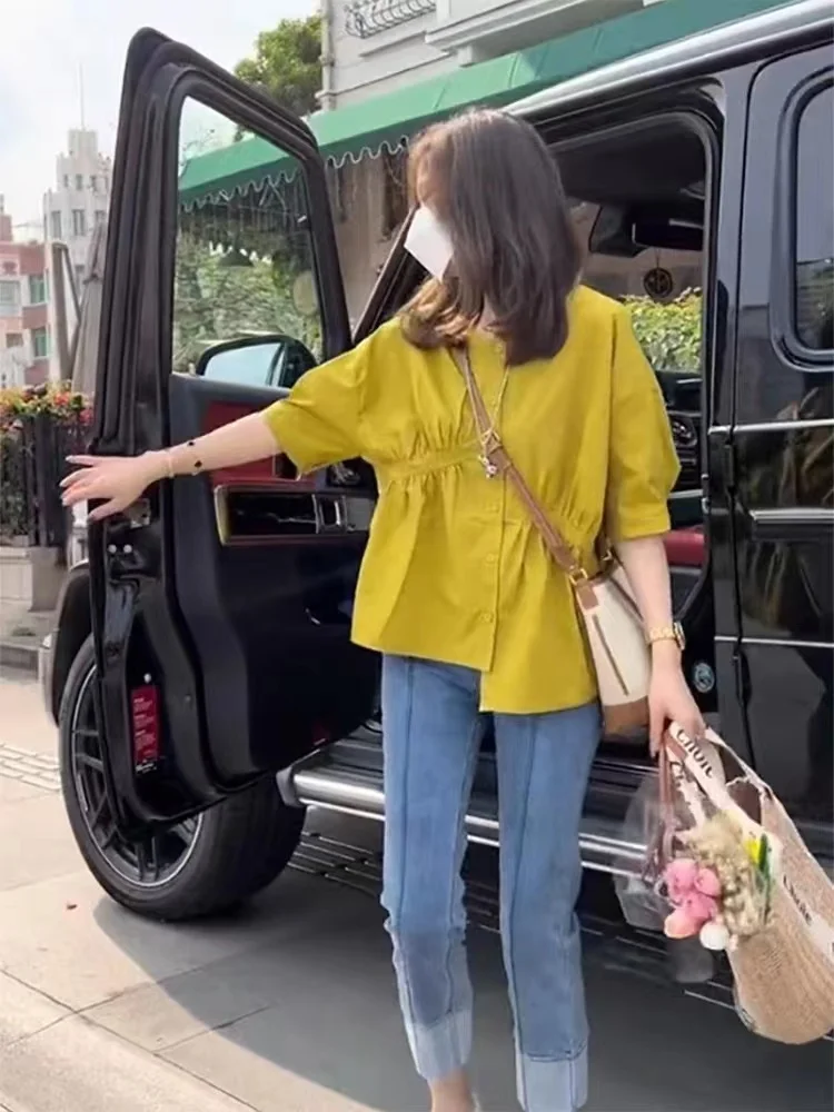 

Женская летняя хлопковая дышащая блузка с V-образным вырезом на пуговицах, повседневный модный топ Design Sensation