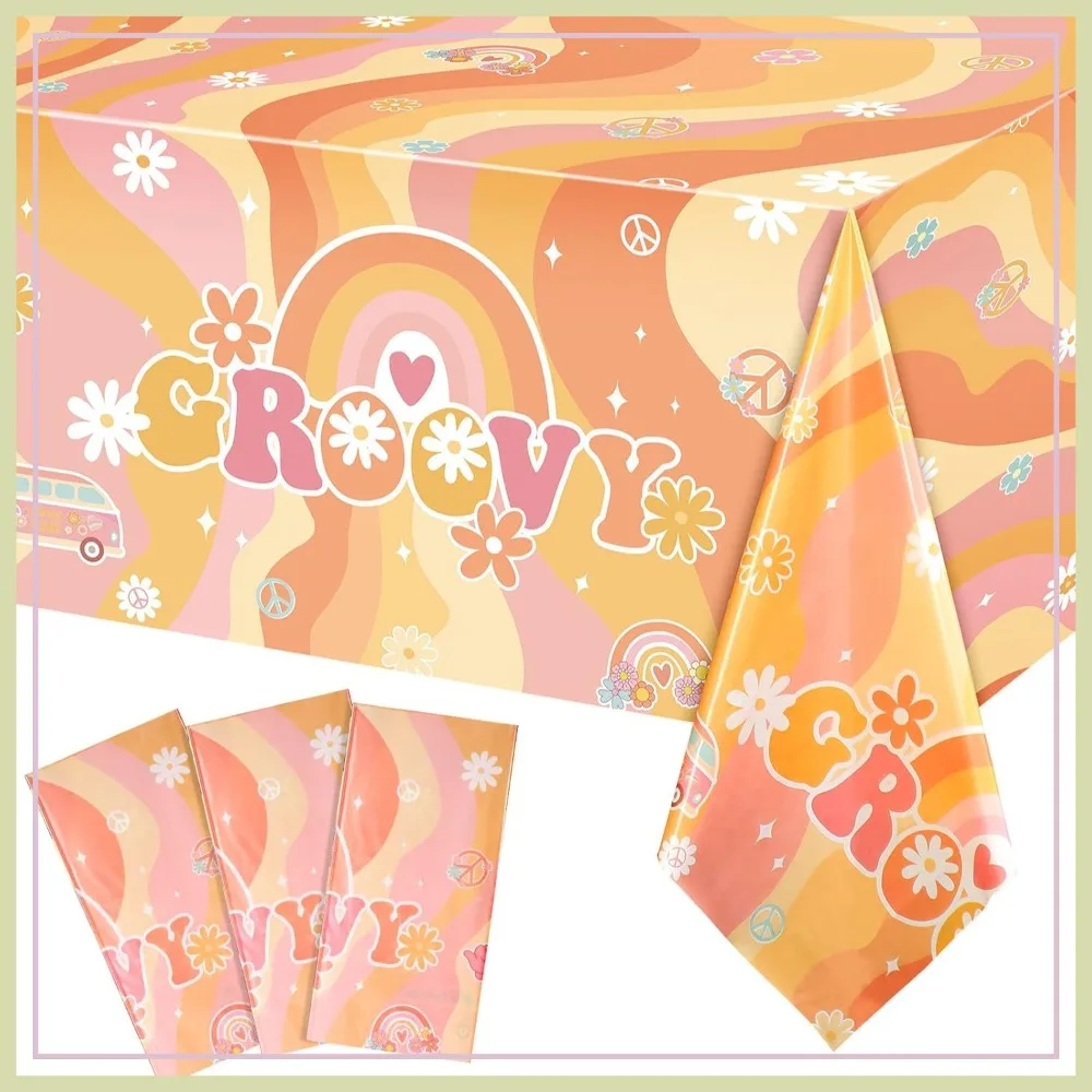

3 Pcs Retro Groovy Plastic Tablecloths, Daisy Flower Hippie Party Decor for Rectangle Tables, 60s 70s Boho Theme