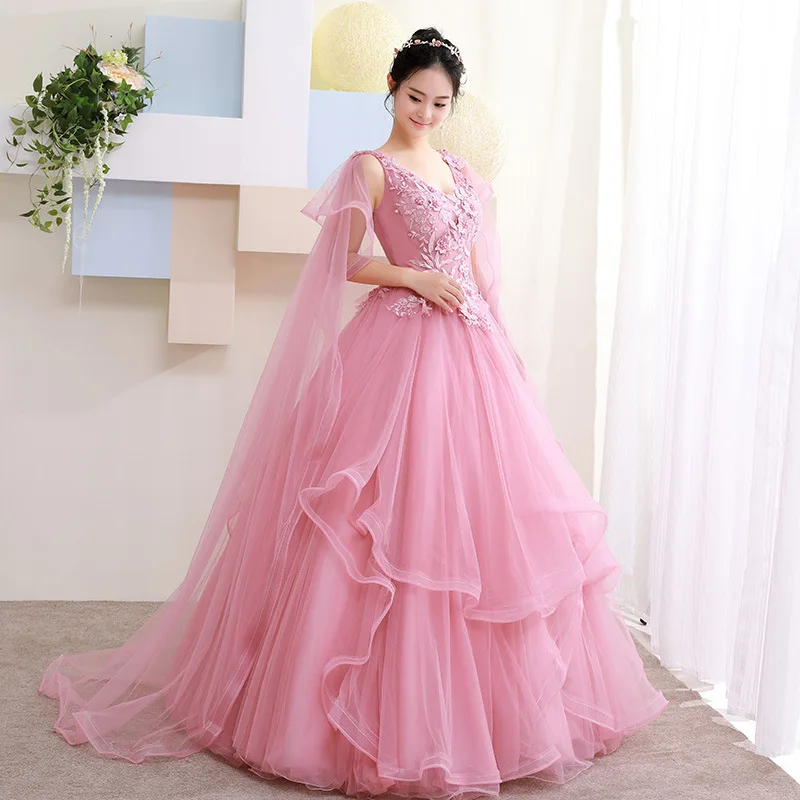 2024 New Fairy Pink Fantasy Shawl Long Slim Fit Sexy Performance Walk Show Colorful Gauze, V-neck Open Back Strap Birthday Dress