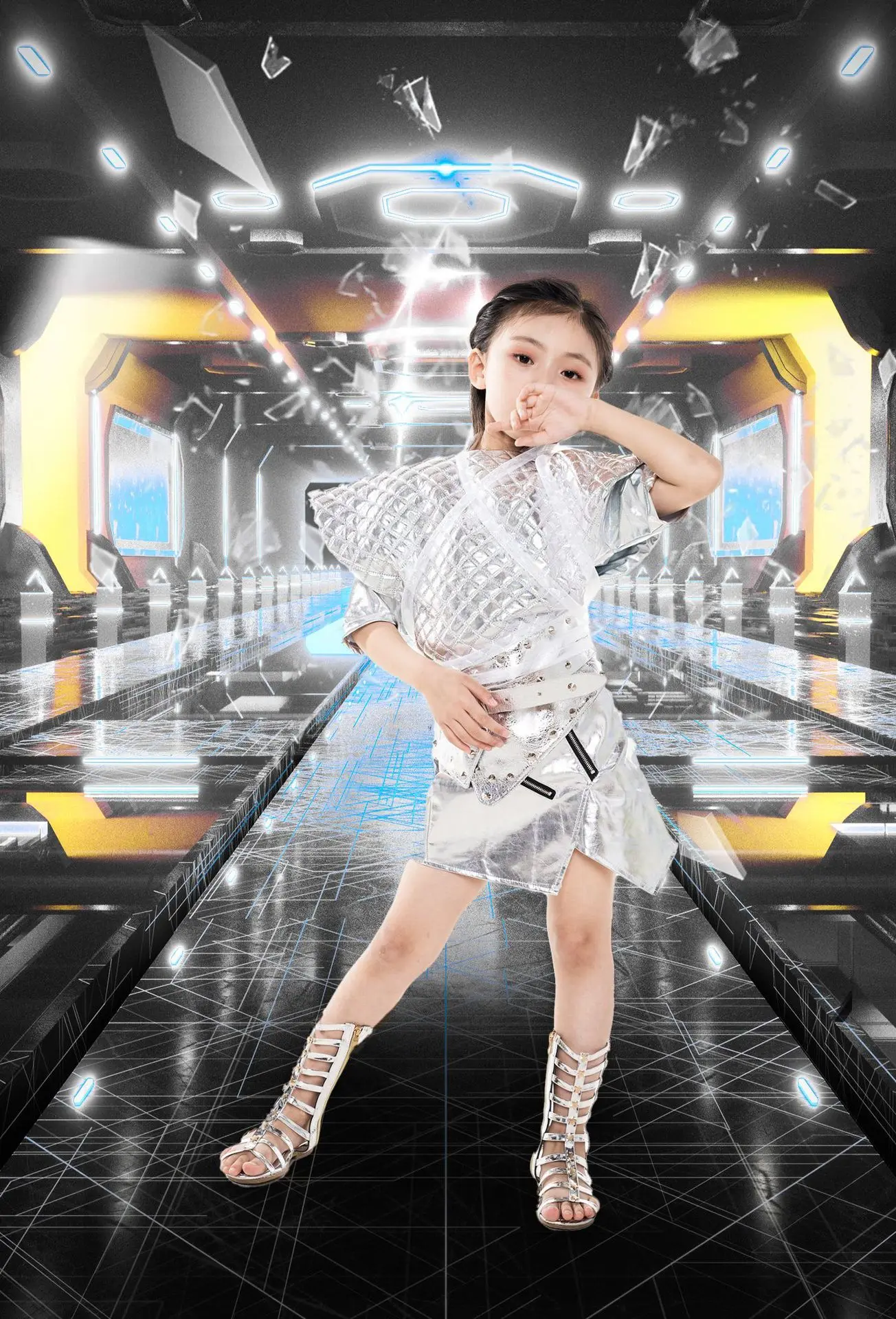 

Girl Model Catwalk Silver Future Space Technology Trendy Suit Astronaut Yuan Universe Car Model Studio Suit