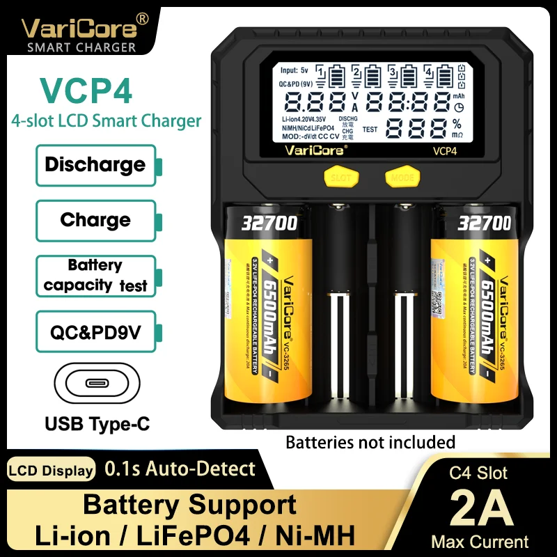 

VariCore VCP4 3,7 В литий-ионный 1,2 В NiMH 3,2 В LiFePO4 4-слотовое зарядное устройство с интеллектуальным дисплеем Тестер емкости аккумулятора VCR2 V20i Зарядное устройство с 2 слотами