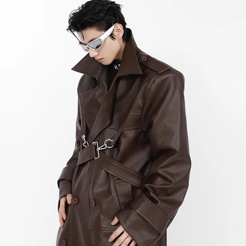 IEFB High Street Men Windbreaker PU Leather Shoulder Pad Coat Metal Zipper Double Splicing Design Knee Length Male Trench 9A6069