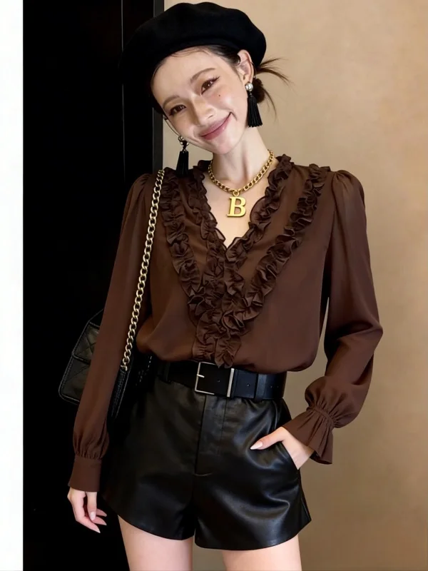 

Faionable High Waist Long Sve V-Ne Women's Set Spring 2026 New Sle Wooden ort Pants Two-Piece Suit Casual Wear