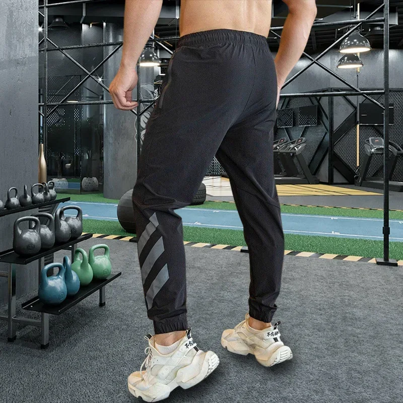 Men Gym Fitness Sports Running Trousers Outdoor Workout Jogging Sweatpants Dry Fit Leggings Zipper Pockets Long Pants