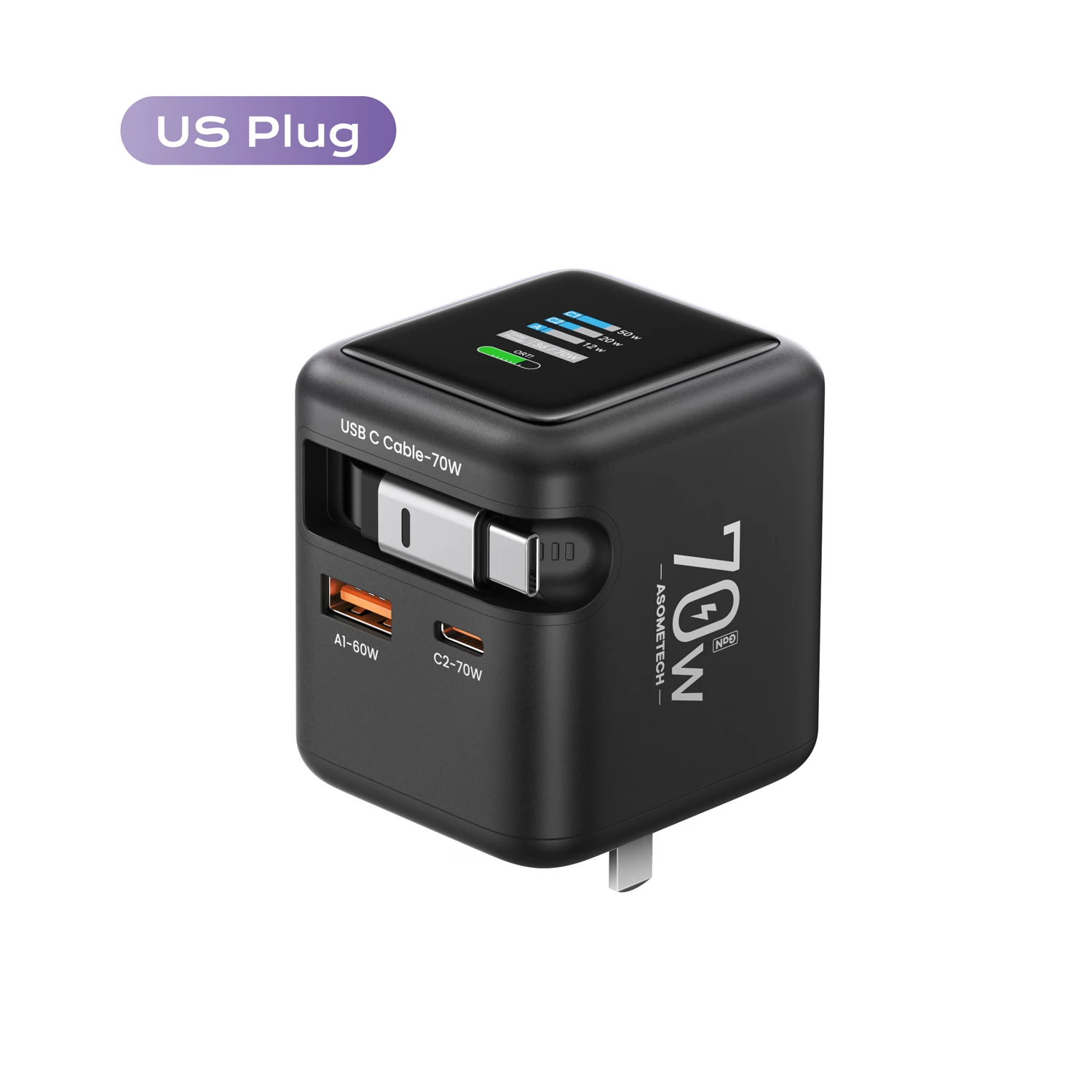 70W GaN snellader met Type-C intrekbare kabel 3 IN 1 PD3.0 QC4.0 PPS snel opladen voor IPhone 16 15 14 Xiaomi tabletlaptop