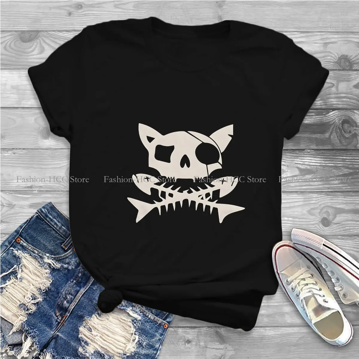 Cat Pirate Jolly Roger Harajuku Polyester TShirt Cats Printing Streetwear Comfortable T Shirt Female