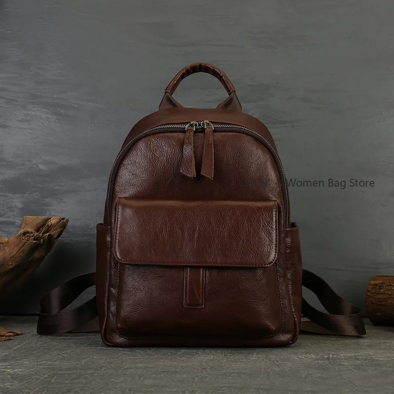 

2025 New Genuine Leather Backpack Casual Large Capacity Retro Computer Bag Solid Color Travel Backpacks