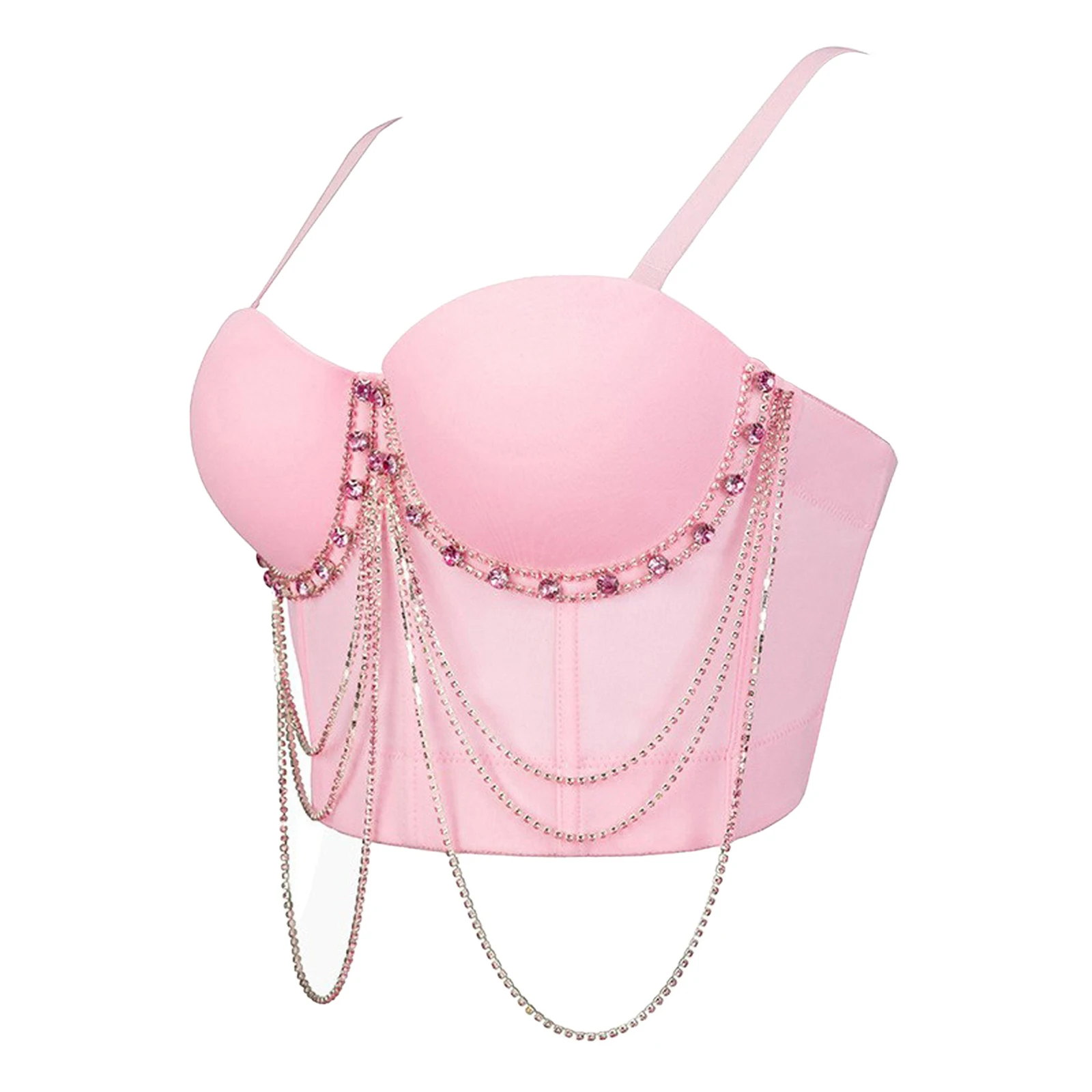 Women Shiny Chain Tassel Bustier Bra Tops Rhinestones Push-up Underwire Boned Corset Crop Camisole Tank Top for Nightclub Party