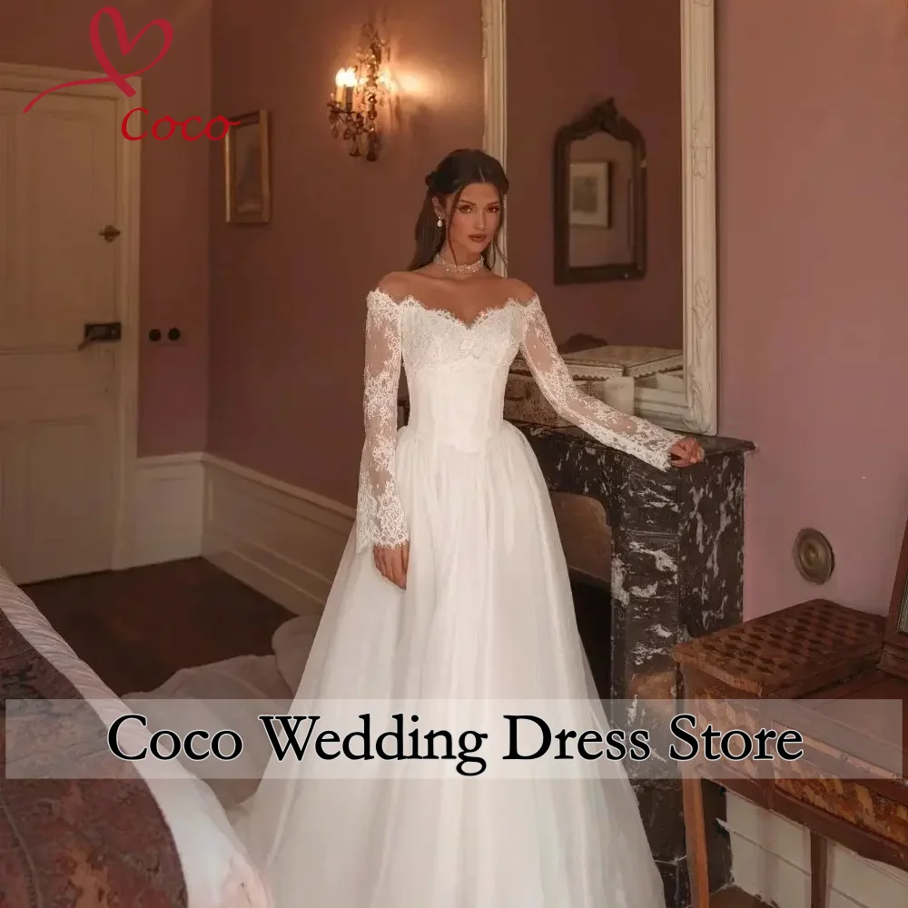 Graceful A Line Wedding Dresses For Women Off The Shoulder Long Lace Sleeves Bridal Gowns Vestidos De Novias Customized