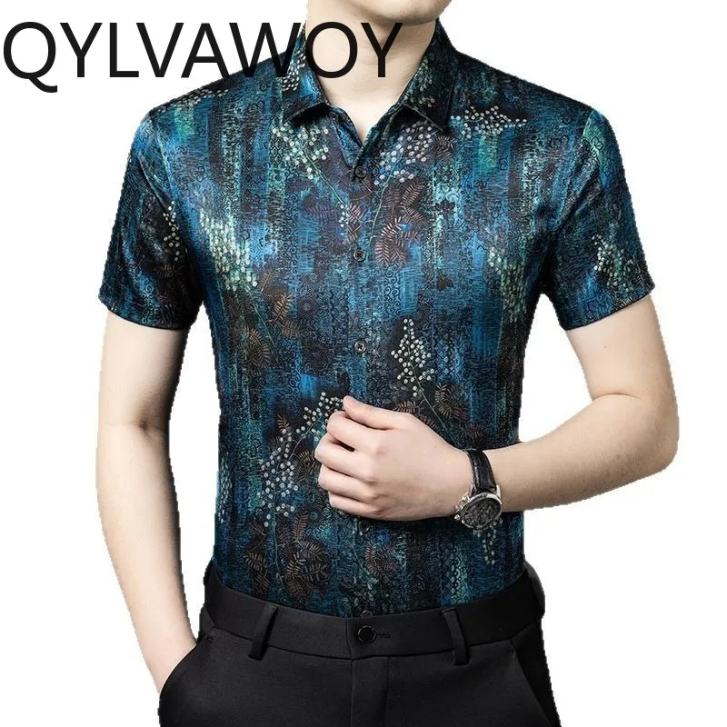 QYLVAWOY 90.8% Mulberry Silk Men's Shirts New Summer Shirts for Man Short Sleeves Tops Printed Camisas Masculina Business Casual
