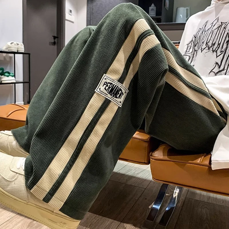 2024 남성 캐주얼 바지 코듀로이 한국 스타일 루즈 오버올 바지 스트레이트 와이드 레그 바지 커플 streetwear new sweatpants