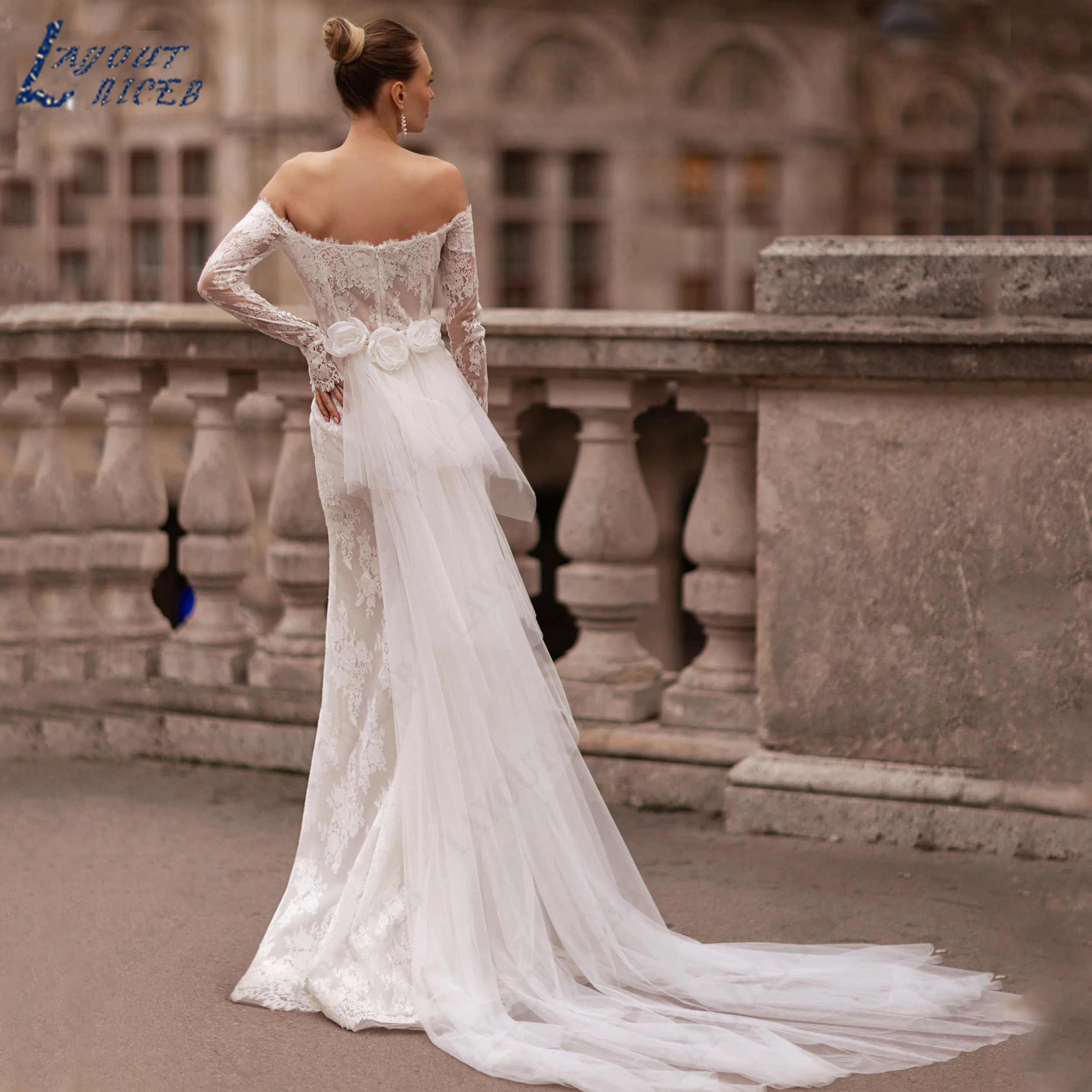 LAYOUT NICEB Customized Off Shoulder Long Sleeve Lace Wedding Dress Tulle Sweetheart Mermaid Bridal Gown For Formal Marriage