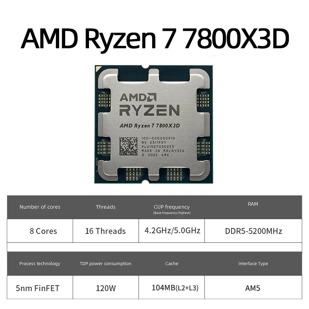 AMD Ryzen 7 7800X3D R7 7800X3D CPU 8-Core 16-Thread 5 جيجا هرتز مقفلة معالج سطح المكتب AM5 وحدة المعالجة المركزية للألعاب بدون حزمة
