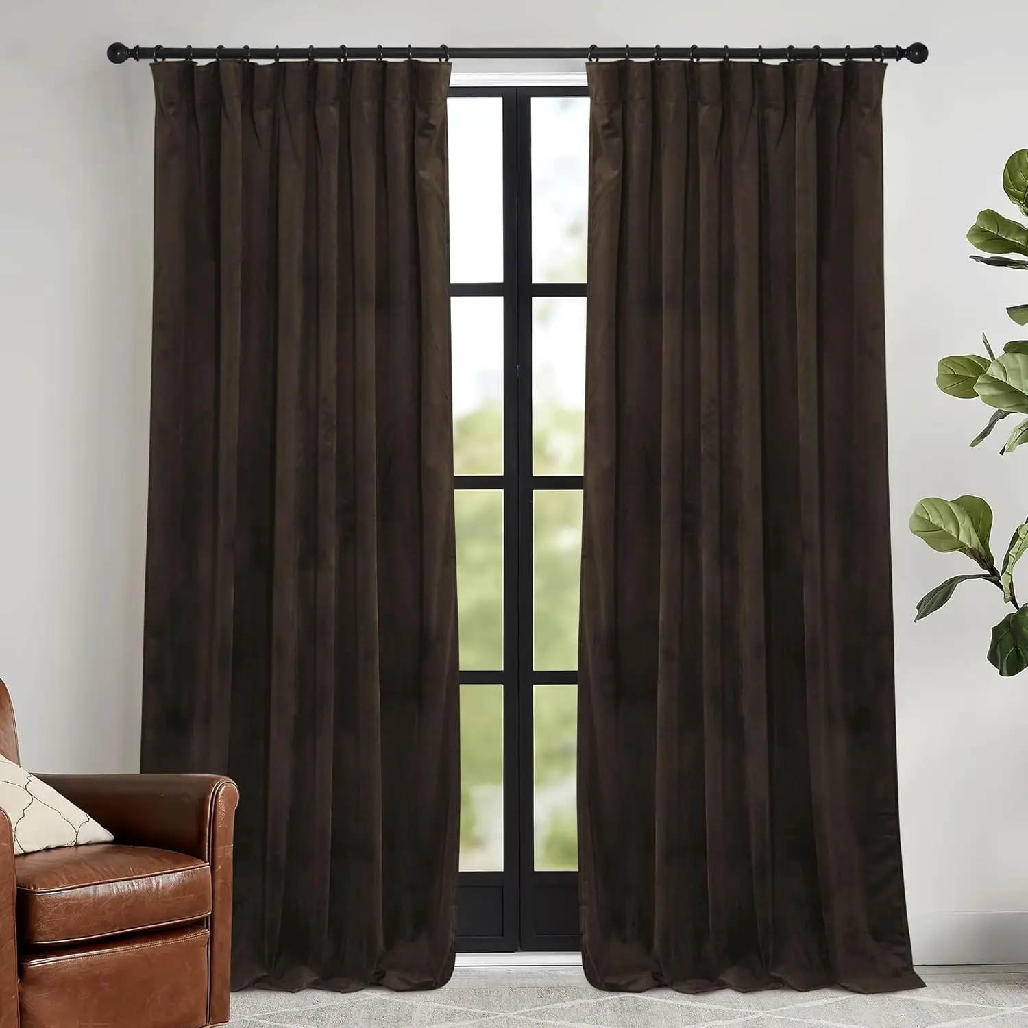 Brown 2-Panel 84-Inch Velvet Blackout Curtains, 52 × 84 Inches, Hook-Belt Header, Thermal-Insulated Room-Darkening Drapes for Bedrooms & Home Theaters