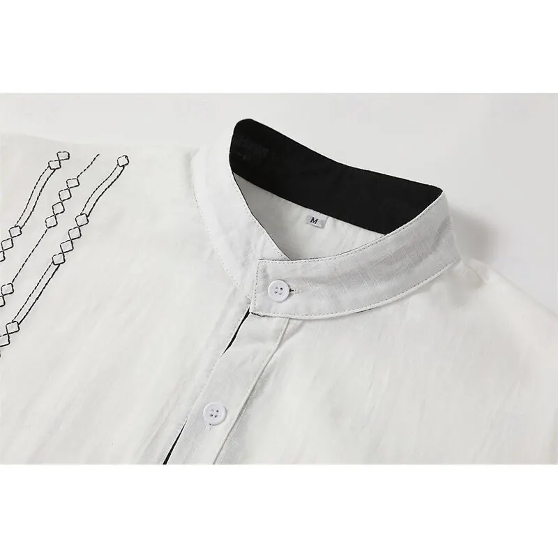 New Men\'s Shirt Linen Shirt Black White Pink Blue Button Long Sleeve Solid Color Stand Collar Autumn Casual Daily Wear XS-6XL