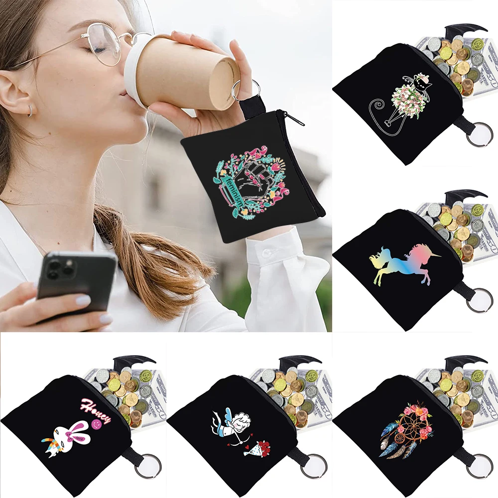 

Unisex Coin Wallet Color Cartoon Print Pattern Earplugs Key Storage Bag Small Object Ring Buckle Zipper Black Canvas Mini