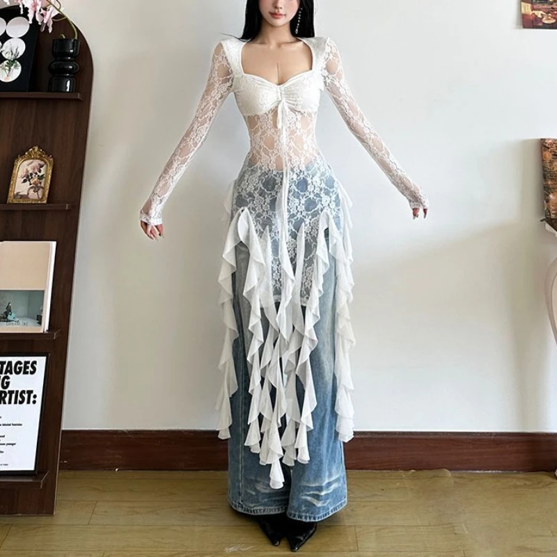 Sexy spice girl T-shirt gauze lace perspective ruffled tassel top 2025 spring and summer fashion street style women's clothing