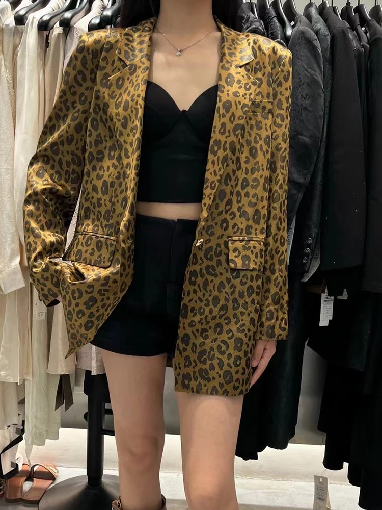 TWOTWINSTYLE Hit Color Leopard minimalistyczne marynarki dla kobiet karbowany kołnierzyk z długim rękawem łączone kieszenie płaszcz moda damska