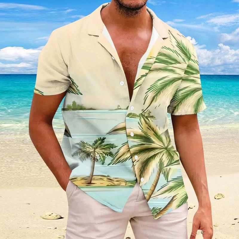 Camisa havaiana masculina de manga curta, estampada 3D em coqueiro, tops grandes e soltos, moda verão, nova, 2024