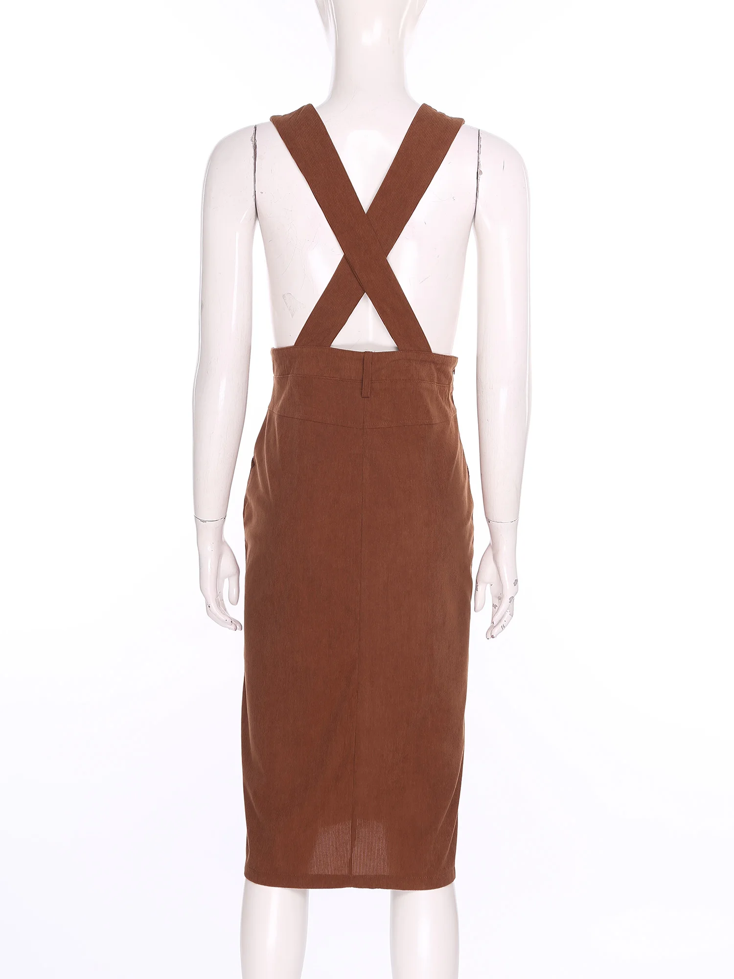 Womens Clothes V Neck Crossing Split Overall Dress Corduroy Suspender Dress Knee-length Bodycon Dress Fashion Female Clothing